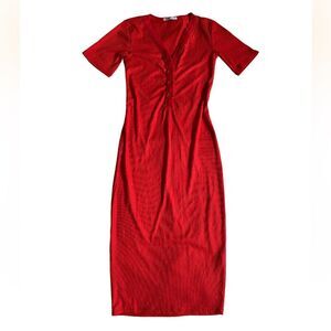 Zara Trafaluc Ribbed Midi Dress Size S Red Short Sleeve Feminine V-Neck Fairy